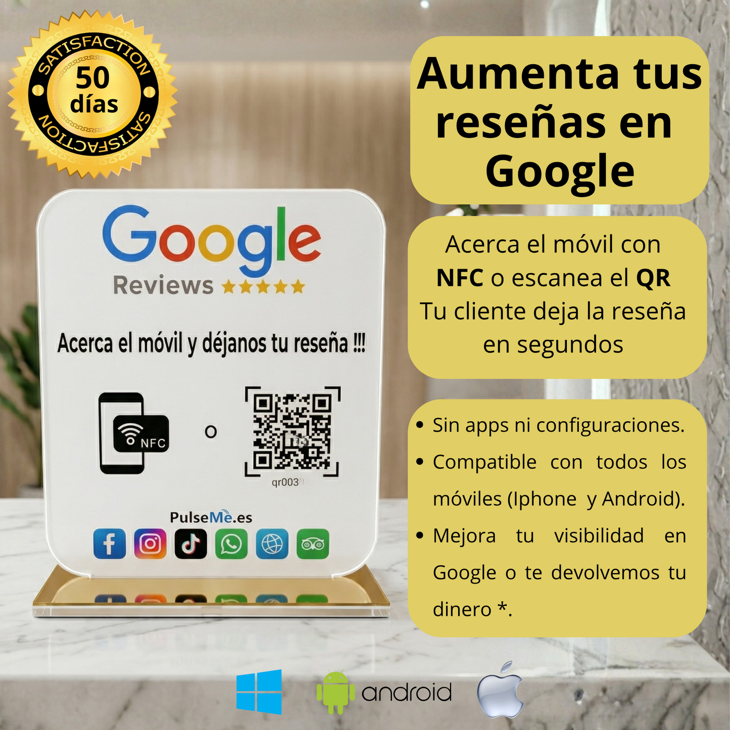Pulseme Soporte Acrílico Rosa NFC+QR Premium. Sin Cuotas.