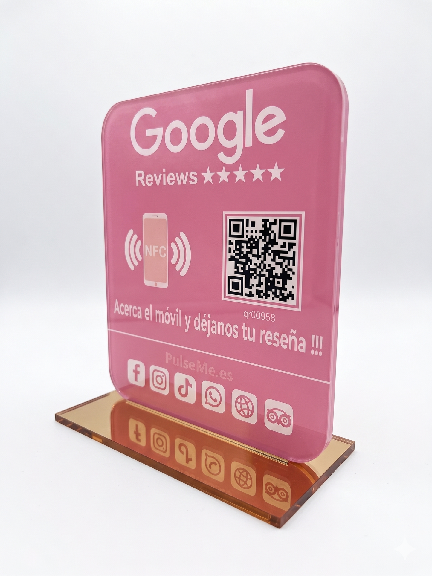Pulseme Soporte Acrílico Rosa NFC+QR Premium. Sin Cuotas.