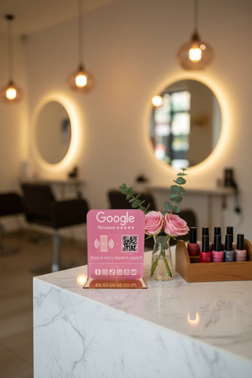 Pulseme Soporte Acrílico Rosa NFC+QR Premium. Sin Cuotas.